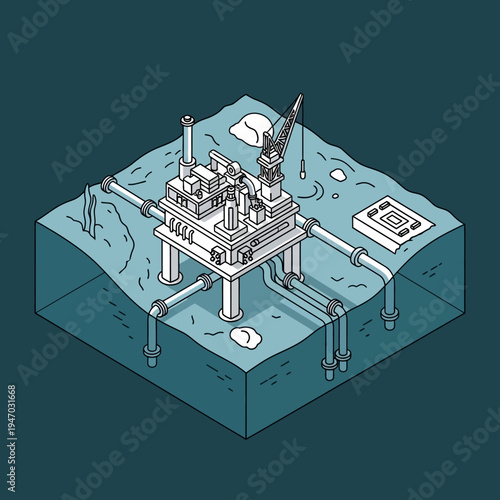 Isometric illustration of an offshore oil platform with pipelines and support structures.