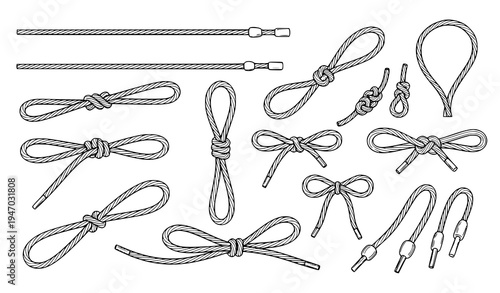 Shoelace Knot and Bow Tie Collection with Rope Loops, Lace Fastening Knots and Decorative Cord Tie Illustrations for Craft and Design