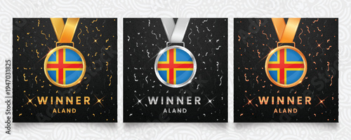 Vector illustration of gold, silver, and bronze winner medals featuring the flag of the land Islands. Glossy badges with confetti on a dark background for rewarding excellence and victory.