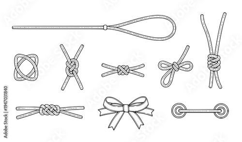 Rope Knot and Bow Tie Icon Set with Various String Knots, Shoelace Bows and Cord Binding Symbols for Craft and Design