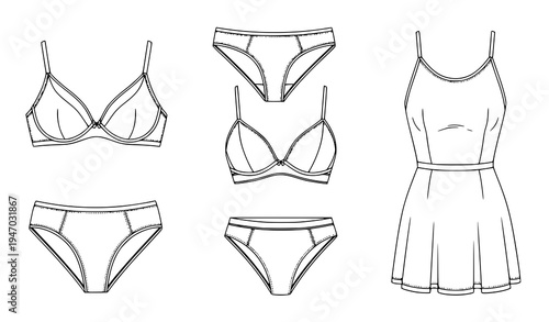 Women’s Lingerie and Clothing Outline Collection with Bra, Panties and Summer Dress Templates for Fashion Apparel Design Illustration