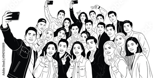 Group of young people taking selfie together with smartphones, happy friends smiling for camera, social media lifestyle and friendship concept illustration