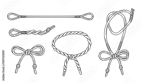 Shoelace Knot and Bow Tie Set with Rope Lace Loops, Decorative Shoe String Knots and Cord Fastening Illustrations