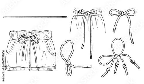 Shoelace Bow Knot and Rope Tie Outline Set with Various Lace Bows, Cord Knots and Decorative String Fastening Illustrations