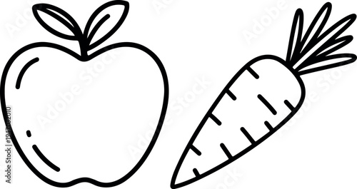 Apple and Carrot Outline Icon, Simple Black Line Fruit and Vegetable Illustration, Healthy Food Minimal Vector Design