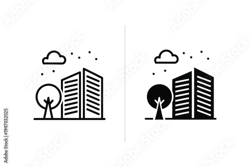 Cityscape Icons: Modern Buildings, Tree, and Clouds Symbols