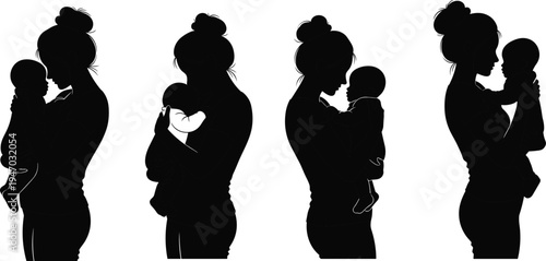 Mother holding baby silhouette collection showing maternal love, parenting care and tender bonding moments between mother and infant vector illustration isolated on background