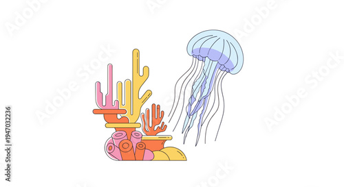 Colorful jellyfish and coral reef.
