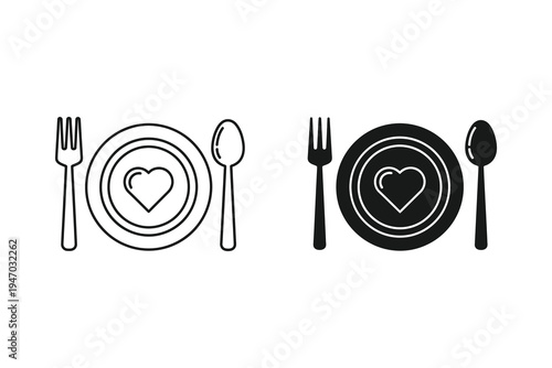 Romantic Dinner Plate Heart Fork Spoon Icon Vector for Food Love