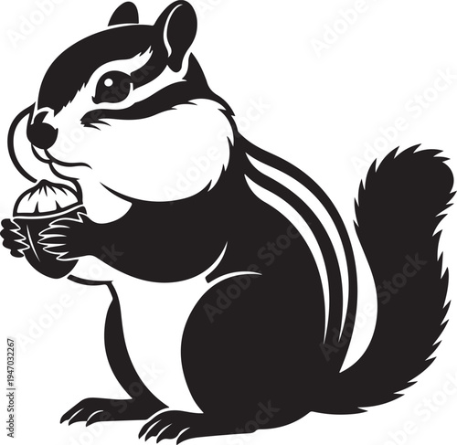 Cute Chipmunk Holding Acorn Black and White Illustration.