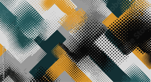 Abstract geometric background vector with modern halftone pattern and grunge texture in teal, mustard yellow, black, and gray, ideal for contemporary web design, banners