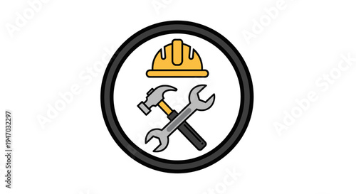 Construction tools and hard hat icon.