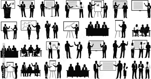Business presentation and meeting silhouettes collection with office teamwork, conference discussion and training seminar scenes vector illustration set isolated on white background