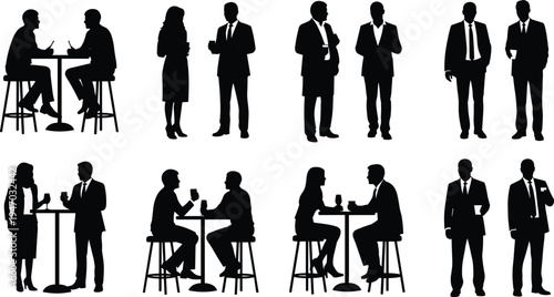 Business people silhouettes networking at cocktail tables, corporate discussion and meeting concept, professional office communication vector illustration collection isolated on white background