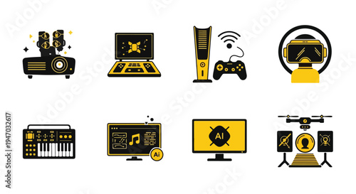 Set of 8 modern black and yellow technology icons vector featuring projector, laptop, gaming console, VR headset, synthesizer, smart TV, monitor, and drone with music equipment for digital media