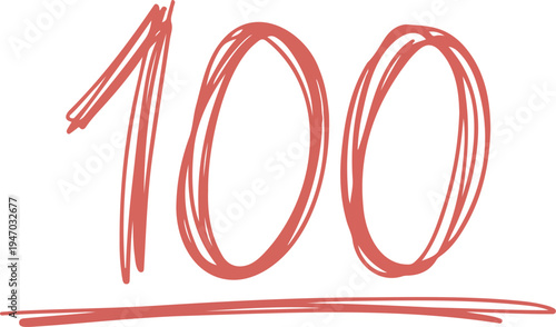 Red Handwritten One Hundred Symbol with Underline, Perfect Score Approval Mark for Success Achievement Concept Vector Illustration