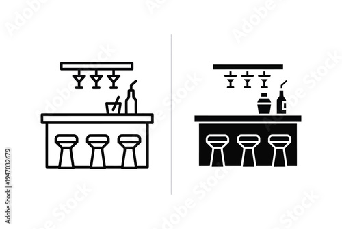 Bar Counter Scene with Stools, Drinks, and Bottles Icon