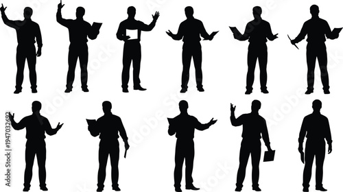 Business presenter silhouettes collection, professional man speaking and holding documents, corporate presentation and training characters isolated for office design