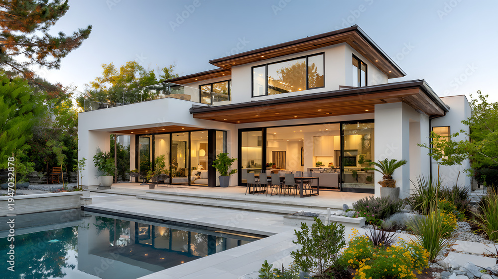 Fototapeta premium Luxury Modern Home with Swimming Pool and Glass Walls