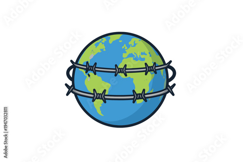 Earth encircled by barbed wire, representing restriction and confinement