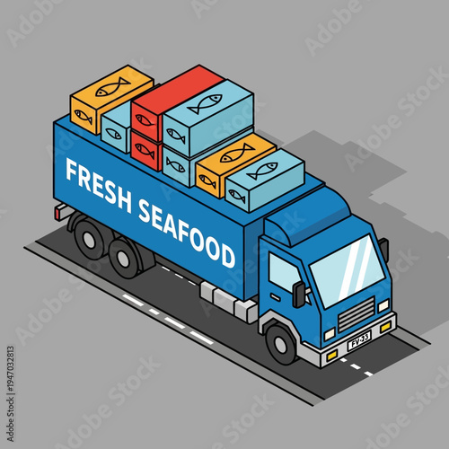Isometric illustration of a blue seafood delivery truck transporting boxes of fresh fish.