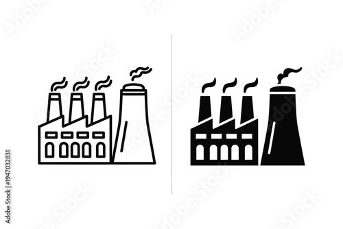 Factory industry icon set with smokestacks in black and white outline and solid styles