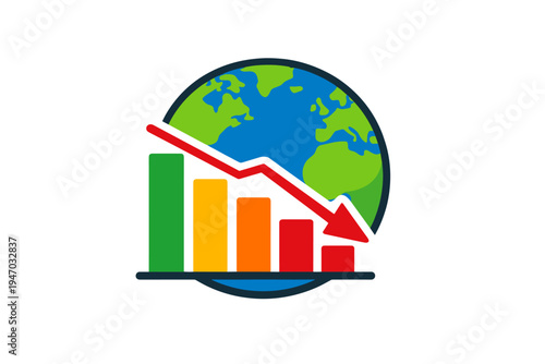 Global economic recession bar chart with red downward arrow
