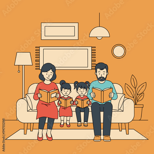 Family reading books on couch together.