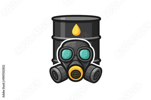 Gas mask and oil barrel icon with yellow drop