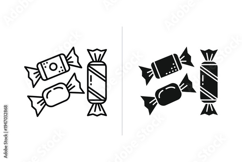 Delicious Wrapped Candies Icon - Outline & Solid Assorted Sweets Vector