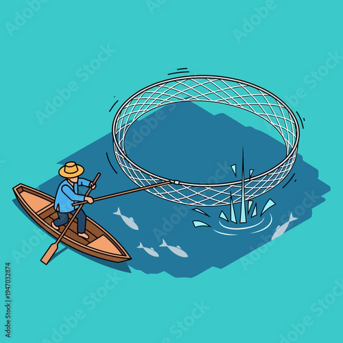 An illustration depicts a fisherman in a boat using a large net to catch fish in the water.