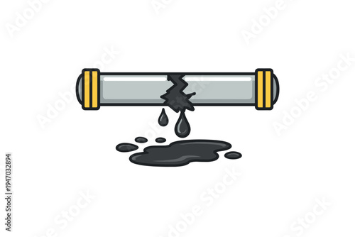 Cracked oil pipeline leaking black liquid illustration
