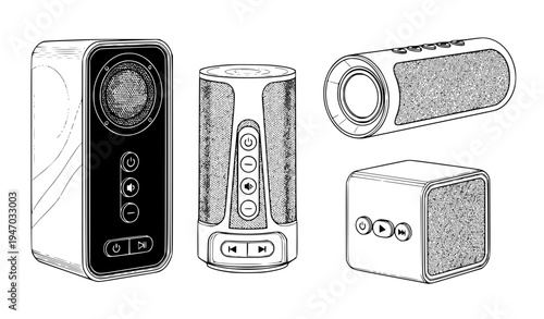 Portable Bluetooth Speaker Collection with Various Wireless Audio Devices, Smart Sound System Icons for Music Listening and Modern Technology Design