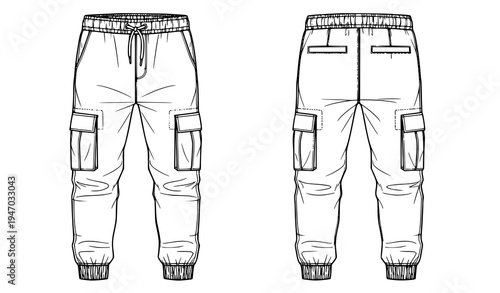 Men’s Cargo Jogger Pants Front and Back View Outline with Drawstring Waist and Utility Pocket Details for Fashion Apparel Design Template