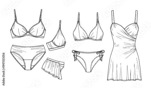 Women’s Lingerie and Swimwear Outline Collection with Bra, Panties, Bikini Bottoms and Summer Dress Templates for Fashion Apparel Design
