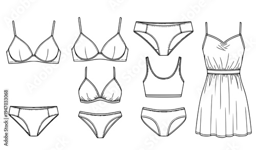 Women’s Lingerie and Fashion Clothing Outline Set with Bra, Panties, Crop Top and Summer Dress Templates for Apparel Design Illustration