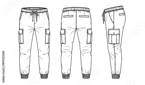 Men’s Cargo Jogger Pants Front Back and Side View Outline with Drawstring Waist and Utility Pockets for Fashion Apparel Design Template