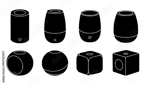 Portable Bluetooth Speaker Icon Set with Various Shapes Wireless Audio Devices for Music Listening, Smart Home Sound Systems and Technology Design