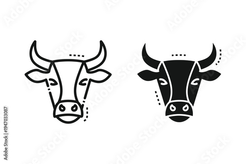 Cow Head Icon with Horns: Livestock and Farm Animal Vector Set