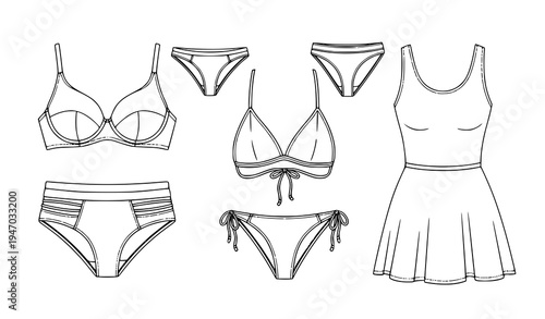 Women’s Lingerie and Swimwear Outline Set with Bra, Panties, Bikini and Dress Templates for Fashion Apparel Design and Clothing Technical Illustration