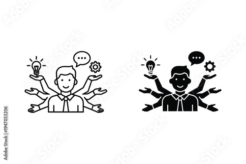 Multitasking businessman icon with ideas and gears: outline and solid black