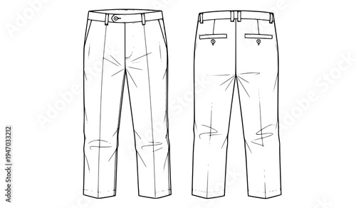 Men’s Casual Pants Front and Back View Outline Illustration with Pocket Details, Fashion Clothing Template for Apparel Design and Garment Technical Drawing