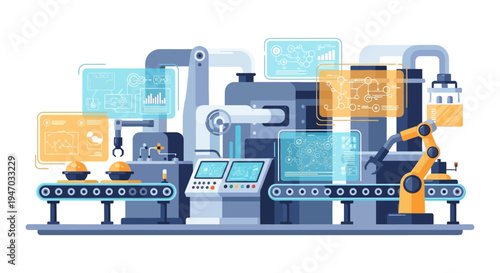 Industry 4.0 Smart Factory Automation: Robotic Arm, Digital Interfaces & Data Analytics on a Modern Production Line.