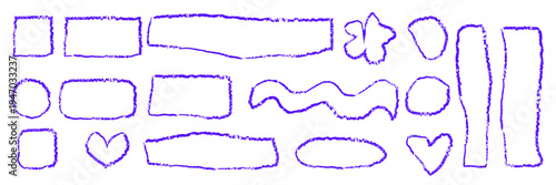 Set of blue unfilled crayon frames in childish  style. Marker, wax or pencil handdrawn shapes as a speech bubbles or title emphasys. Vector texture