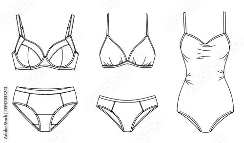 Women Lingerie and Underwear Outline Icon Set Featuring Bra Panties and Bodysuit Fashion Apparel Collection for Clothing Design Retail and Fashion Catalogs