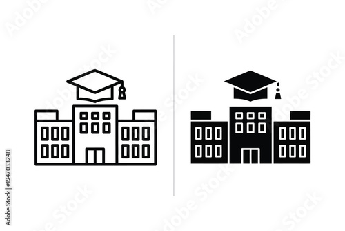University building with graduation cap icons: outline and solid black