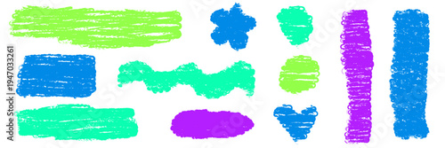 Set of various filled with crayon strokes shapes in childish  styrle. Marker, wax or pencil handdrawn shapes as a speech bubbles or title emphasys. Blue, green and purple rough frames