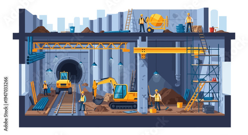 Underground City Construction Site Illustration: Tunneling, Excavation, Workers, and Heavy Machinery for Infrastructure Development