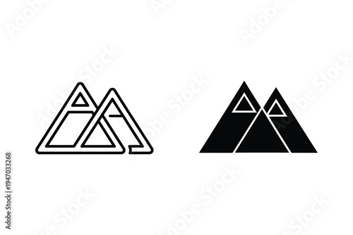 Abstract Mountain Peaks Icon in Outline and Solid Styles, Representing Nature and Adventure
