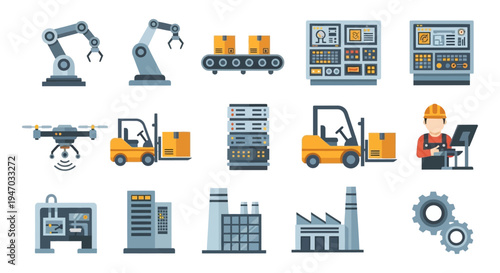 Industrial Automation and Manufacturing Technology Flat Icons Set